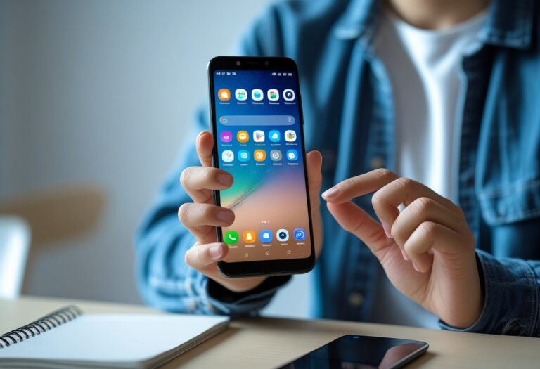 Pessoa segurando um smartphone Redmi, usando a tela sensível ao toque em um ambiente interno.