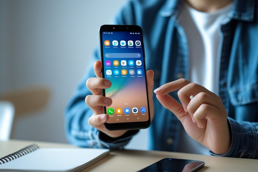 Pessoa segurando um smartphone Redmi, usando a tela sensível ao toque em um ambiente interno.