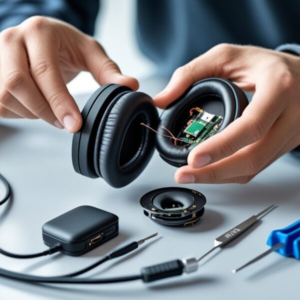 Pessoa consertando um fone de ouvido aberto com ferramentas em uma mesa organizada.