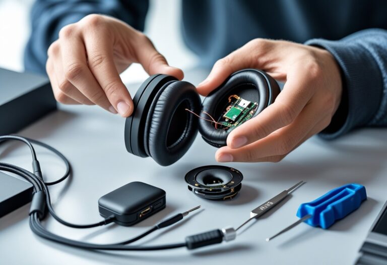 Pessoa consertando um fone de ouvido aberto com ferramentas em uma mesa organizada.