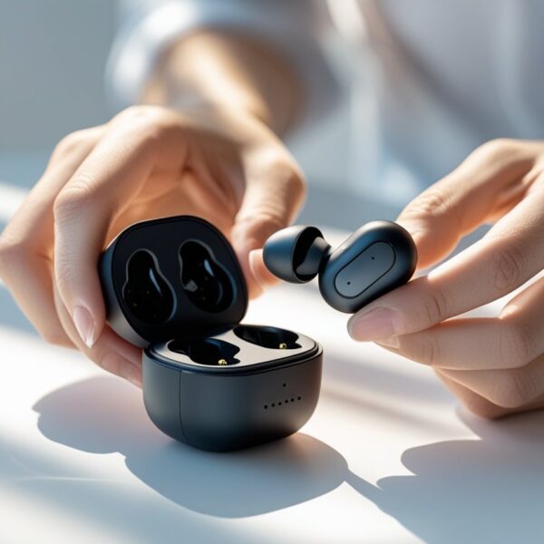 Mãos segurando um fone de ouvido Bluetooth e conectando-o a um estojo de carregamento.