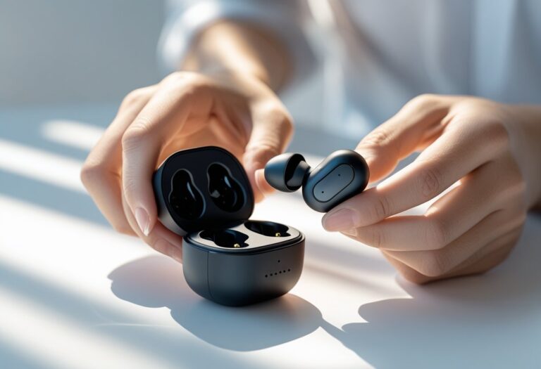 Mãos segurando um fone de ouvido Bluetooth e conectando-o a um estojo de carregamento.