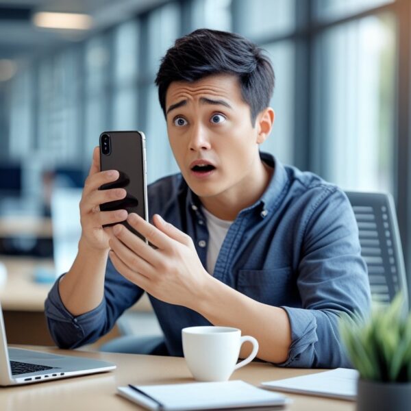 Pessoa sentada em uma mesa de escritório olhando surpresa para o celular com o volume baixo.