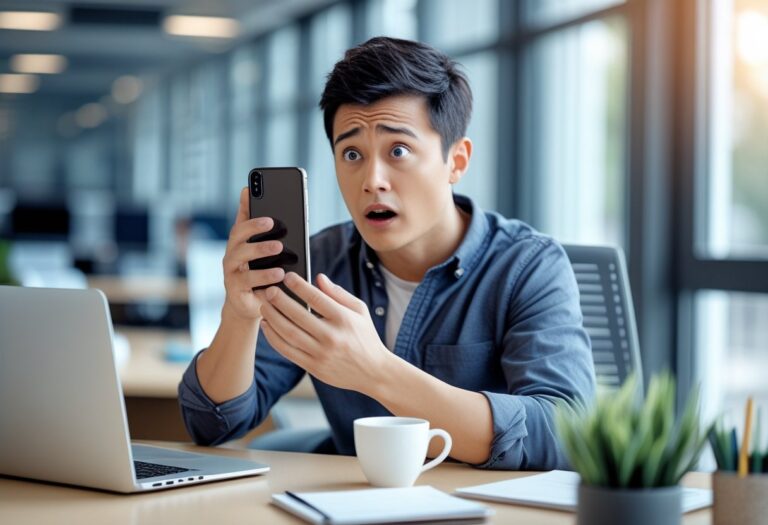 Pessoa sentada em uma mesa de escritório olhando surpresa para o celular com o volume baixo.