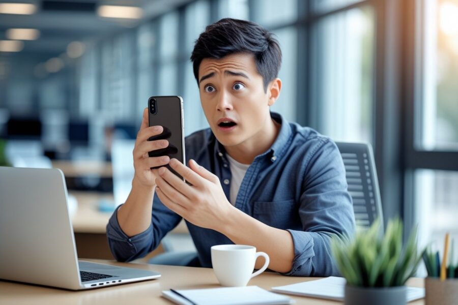 Pessoa sentada em uma mesa de escritório olhando surpresa para o celular com o volume baixo.