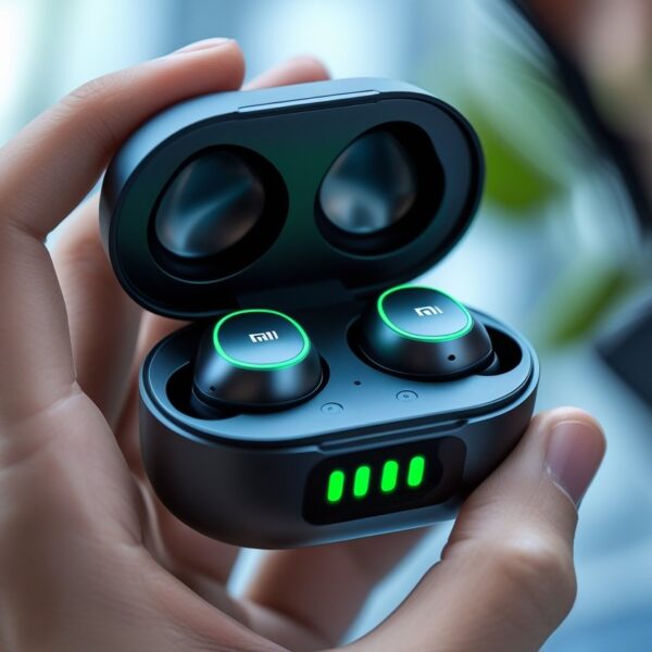 Mão segurando um estojo aberto de fones Redmi com luzes indicadoras verdes mostrando que estão carregados.