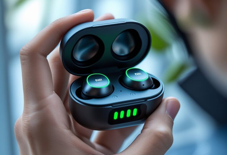 Mão segurando um estojo aberto de fones Redmi com luzes indicadoras verdes mostrando que estão carregados.