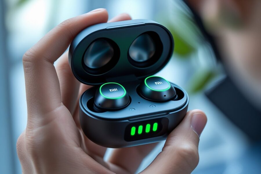 Mão segurando um estojo aberto de fones Redmi com luzes indicadoras verdes mostrando que estão carregados.