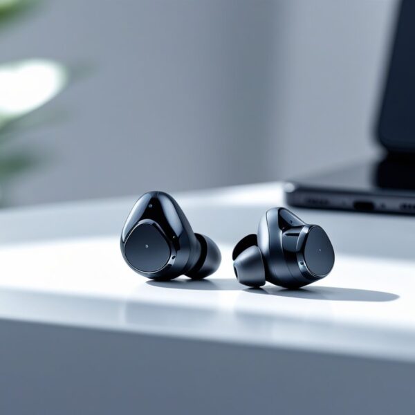 Par de fones de ouvido sem fio pretos sobre uma superfície branca, com um smartphone e estojo de carregamento desfocados ao fundo.
