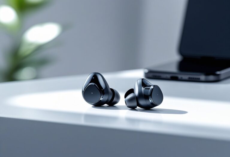 Par de fones de ouvido sem fio pretos sobre uma superfície branca, com um smartphone e estojo de carregamento desfocados ao fundo.