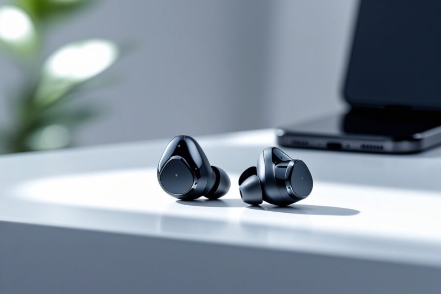 Par de fones de ouvido sem fio pretos sobre uma superfície branca, com um smartphone e estojo de carregamento desfocados ao fundo.