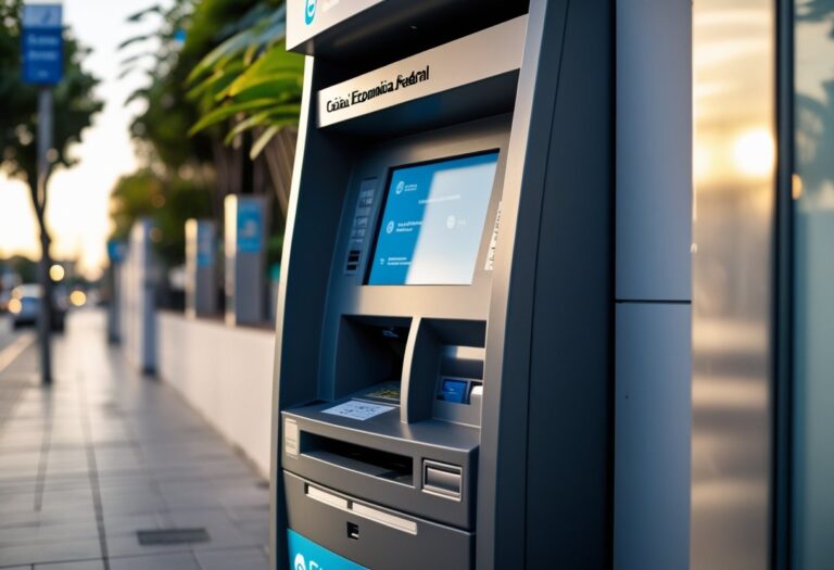 Caixa eletrônico da Caixa Econômica Federal em ambiente urbano ao amanhecer, sem pessoas ao redor.