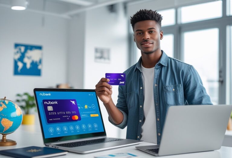 Pessoa segurando cartão roxo da Nubank perto de um laptop com ícones de voos e milhas acumuladas em um escritório moderno.