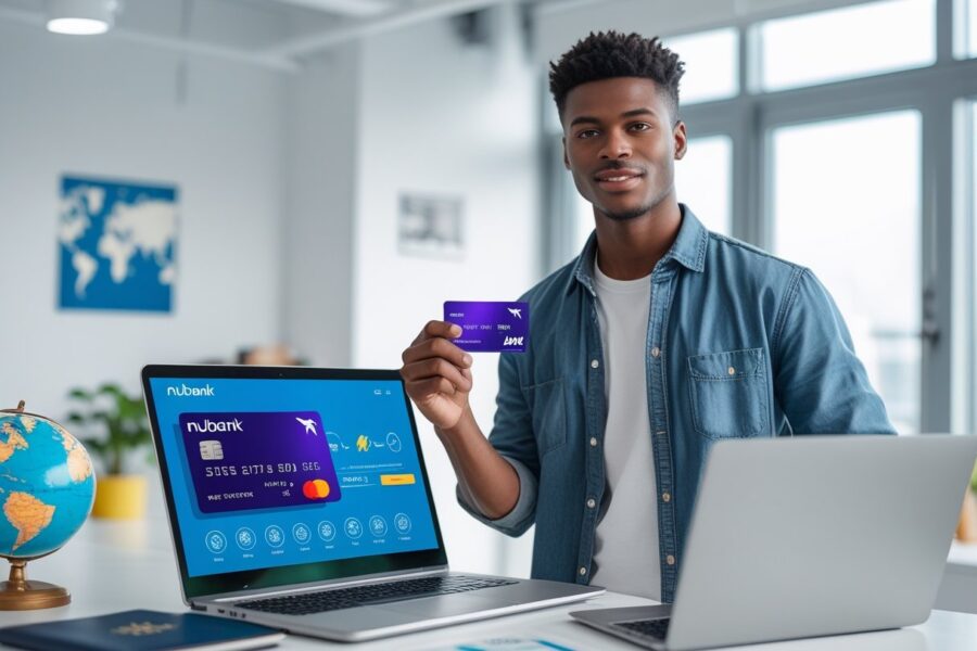 Pessoa segurando cartão roxo da Nubank perto de um laptop com ícones de voos e milhas acumuladas em um escritório moderno.