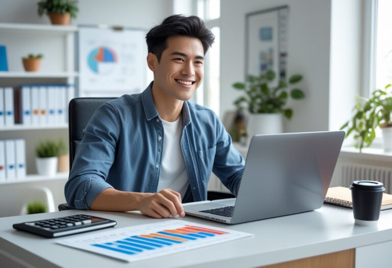 Pessoa jovem sorrindo sentada em uma mesa moderna usando um laptop em um escritório em casa bem iluminado, com calculadora e gráficos financeiros na mesa.