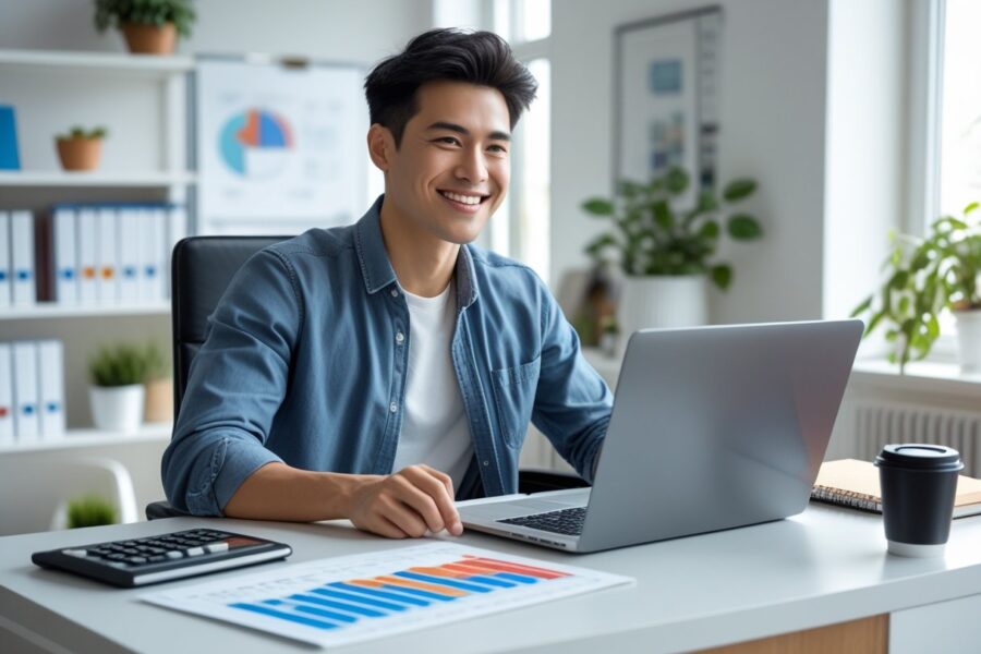 Pessoa jovem sorrindo sentada em uma mesa moderna usando um laptop em um escritório em casa bem iluminado, com calculadora e gráficos financeiros na mesa.