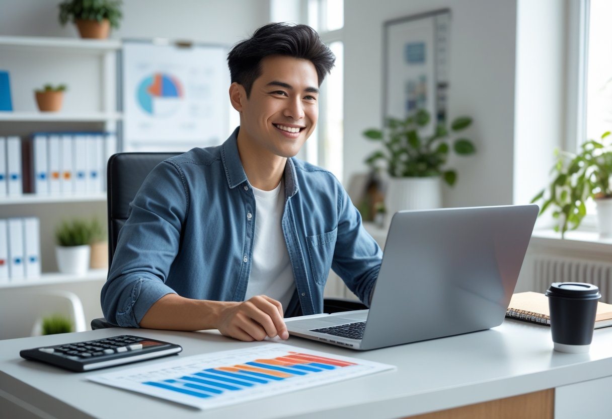 Pessoa jovem sorrindo sentada em uma mesa moderna usando um laptop em um escritório em casa bem iluminado, com calculadora e gráficos financeiros na mesa.