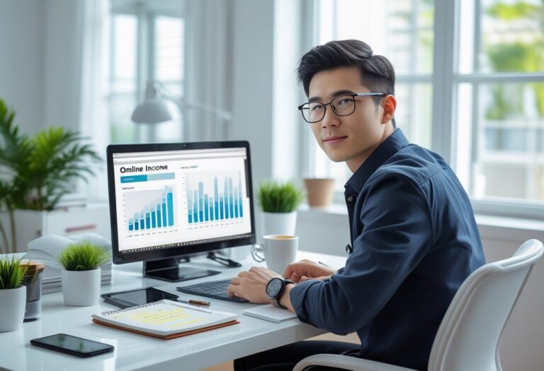 Pessoa trabalhando em um escritório doméstico moderno com laptop e anotações, simbolizando formas honestas de ganhar dinheiro na internet.