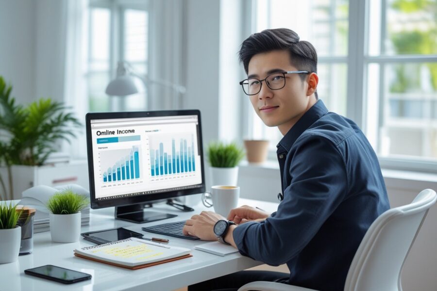 Pessoa trabalhando em um escritório doméstico moderno com laptop e anotações, simbolizando formas honestas de ganhar dinheiro na internet.