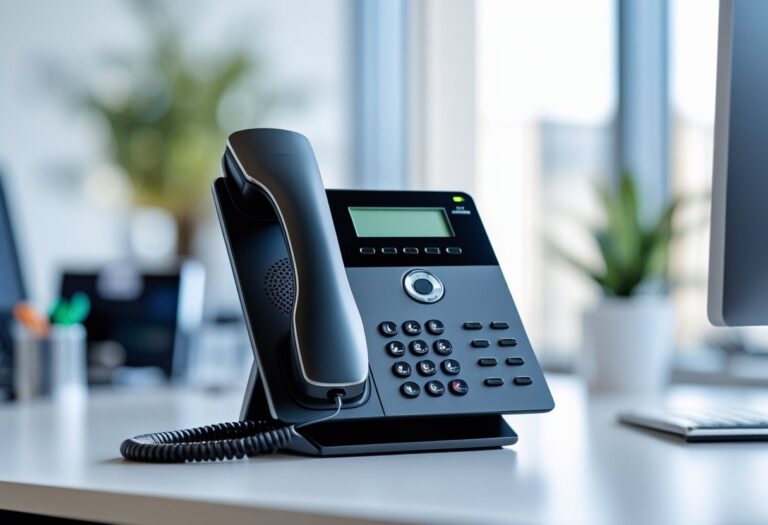 Telefone moderno de escritório em cima de uma mesa organizada com elementos de escritório ao fundo.