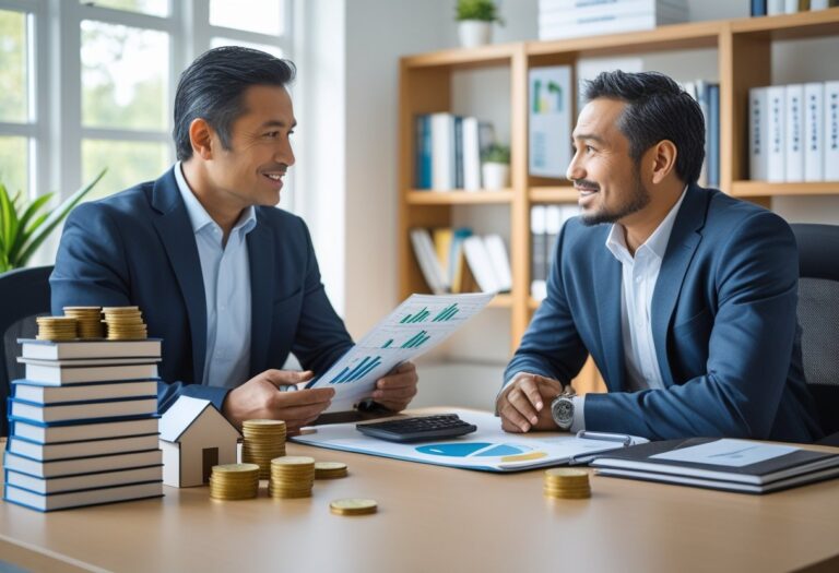 Dois homens conversando em um escritório moderno, com objetos relacionados a finanças sobre a mesa, simbolizando educação financeira e mentoria.