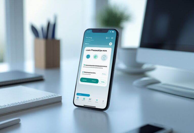 Smartphone moderno sobre uma mesa de escritório com itens de trabalho ao redor.