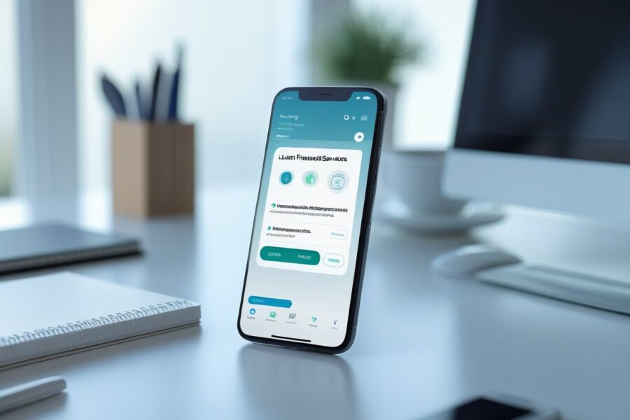 Smartphone moderno sobre uma mesa de escritório com itens de trabalho ao redor.