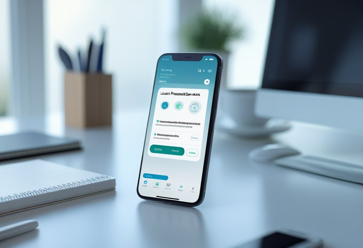 Smartphone moderno sobre uma mesa de escritório com itens de trabalho ao redor.