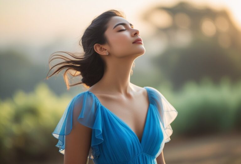 Mulher jovem vestindo um vestido azul, com os olhos fechados e expressão serena, em um ambiente ao ar livre com luz suave e fundo de vegetação.