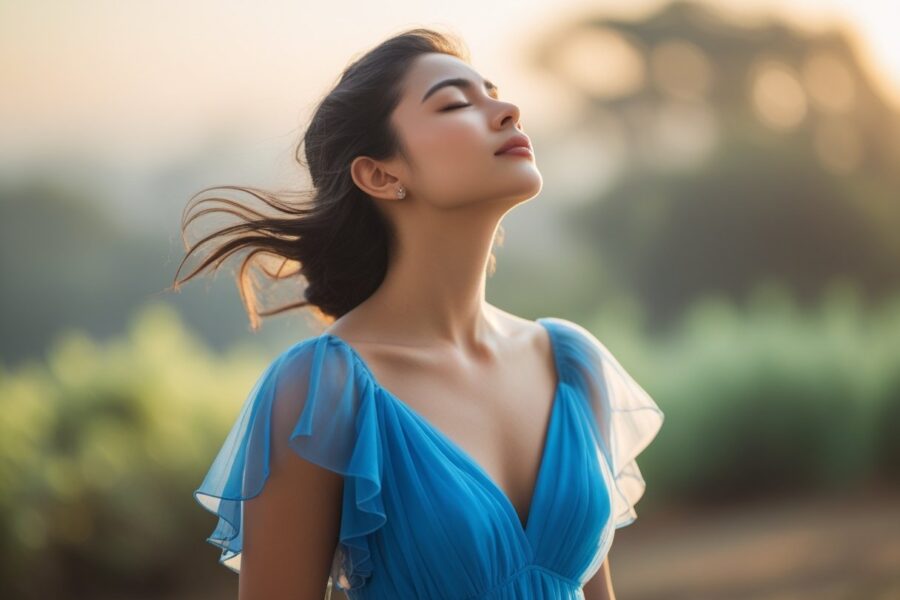 Mulher jovem vestindo um vestido azul, com os olhos fechados e expressão serena, em um ambiente ao ar livre com luz suave e fundo de vegetação.