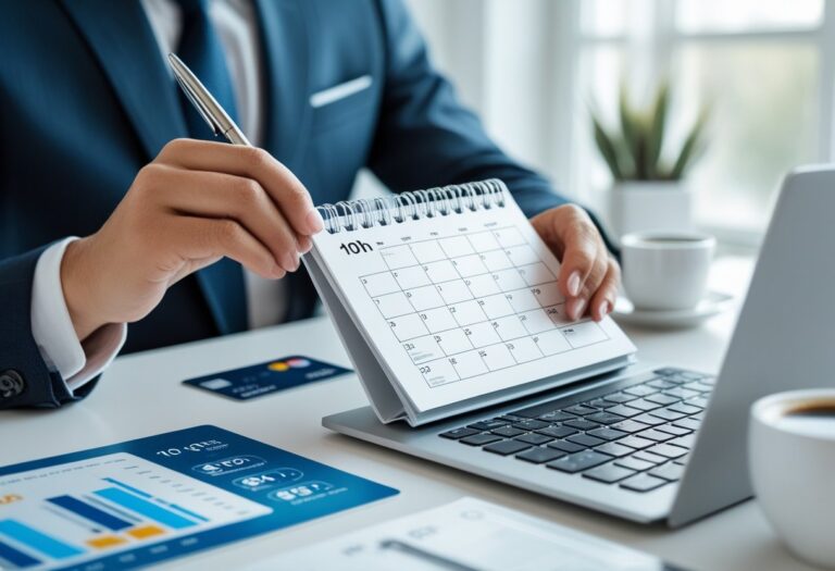 Mãos segurando um calendário aberto no dia 10, com uma caneta pronta para marcar, ao lado de um laptop com gráficos financeiros e um cartão de crédito sobre uma mesa em um escritório iluminado.