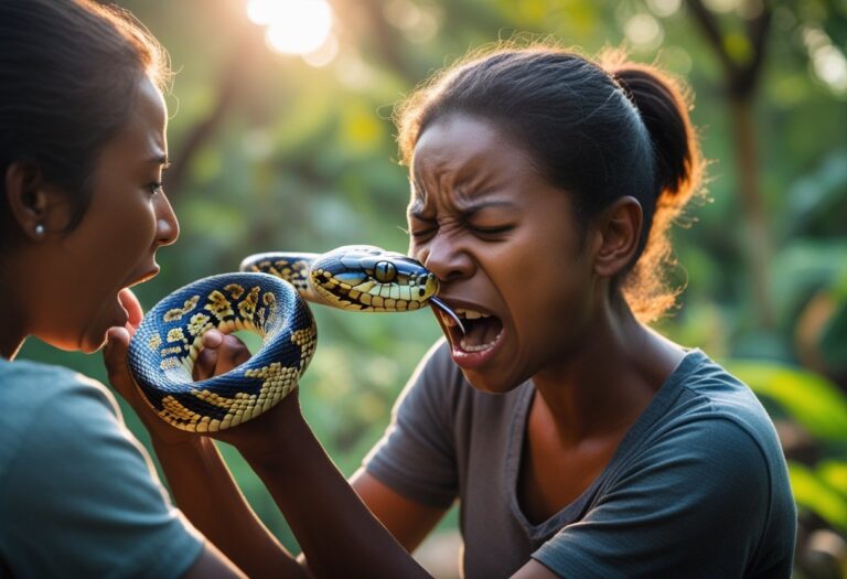 Uma cobra mordendo o braço de uma pessoa enquanto outra pessoa observa com preocupação em um ambiente ao ar livre.