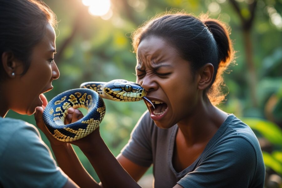 Uma cobra mordendo o braço de uma pessoa enquanto outra pessoa observa com preocupação em um ambiente ao ar livre.