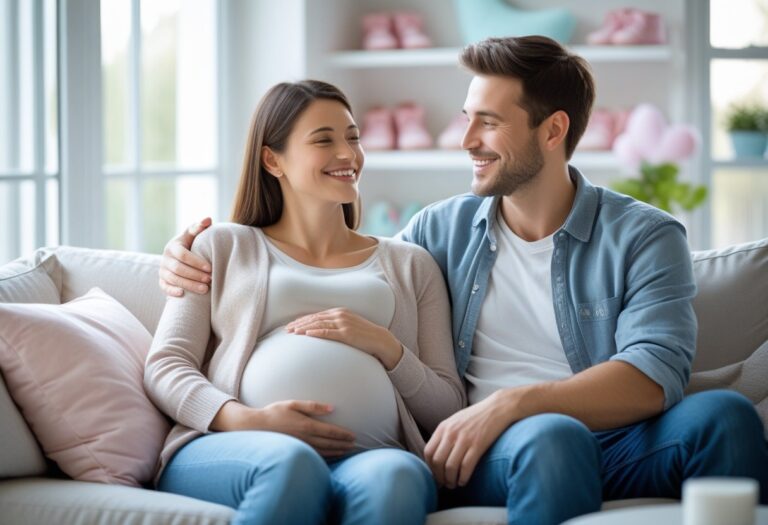 Um casal jovem sentado em um sofá, a mulher acaricia a barriga com um sorriso, expressando esperança e amor pela chegada de um filho.