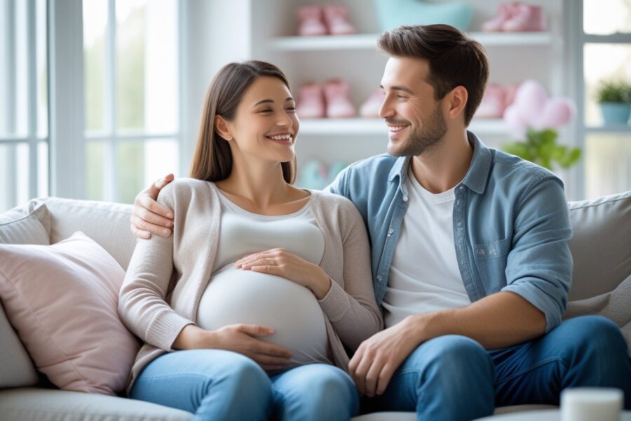 Um casal jovem sentado em um sofá, a mulher acaricia a barriga com um sorriso, expressando esperança e amor pela chegada de um filho.