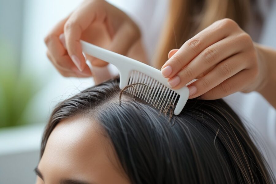 Pessoa removendo piolhos do cabelo de outra pessoa com um pente fino.