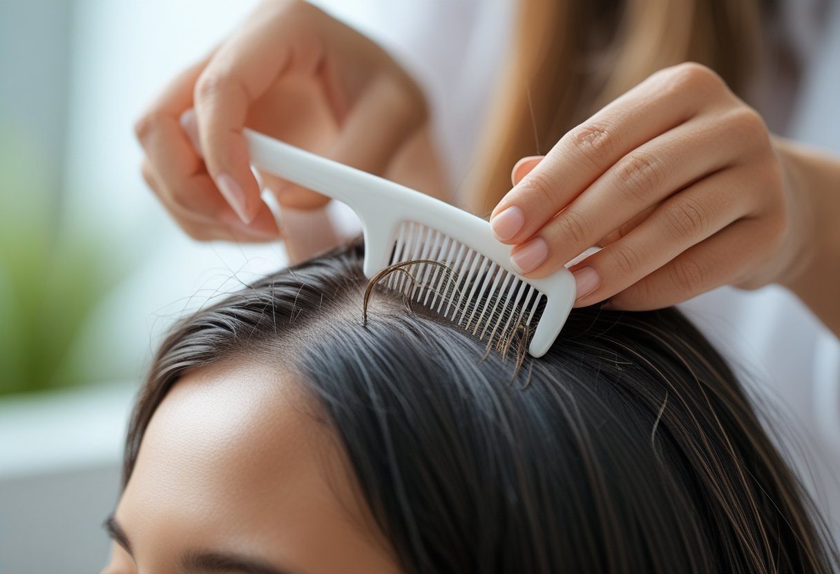 Pessoa removendo piolhos do cabelo de outra pessoa com um pente fino.