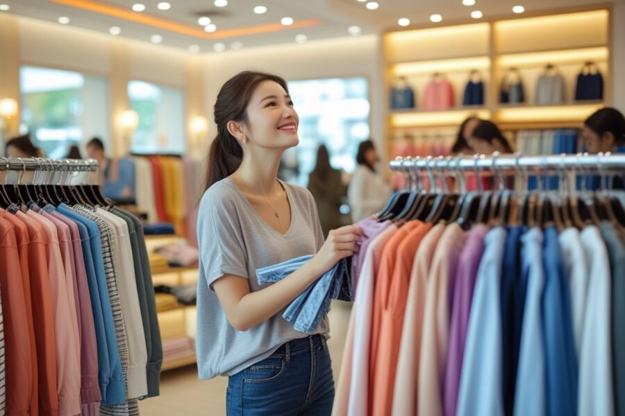 Mulher jovem em uma loja de roupas moderna, olhando sonhadora para as roupas enquanto segura algumas peças nas mãos.