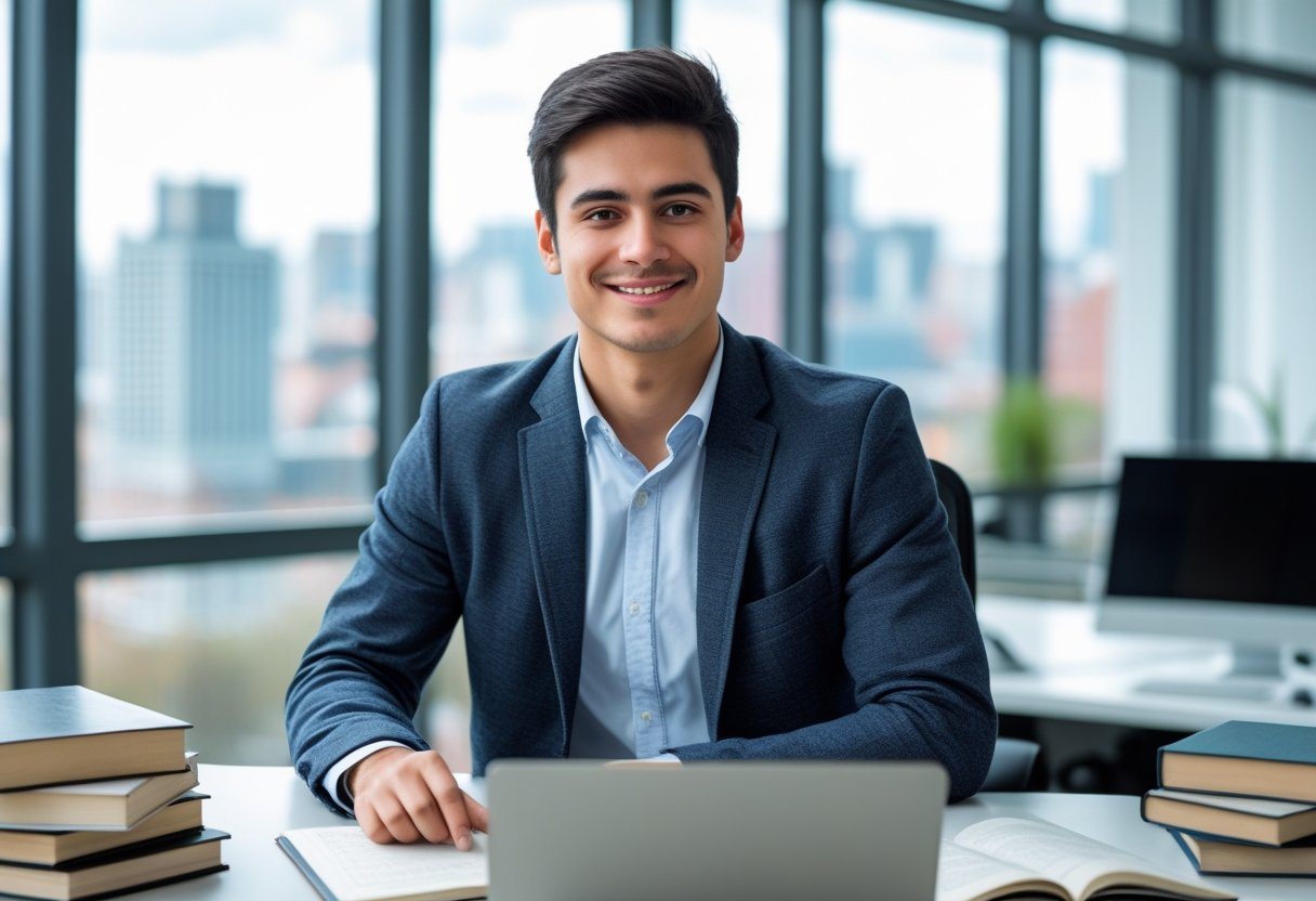 Jovem sentado em uma mesa moderna com laptop e livros, em um escritório bem iluminado com janelas grandes mostrando uma paisagem urbana ao fundo.