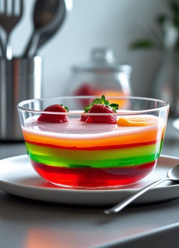 Bowl de gelatina colorida pronta sobre bancada de cozinha com timer e frutas ao fundo.
