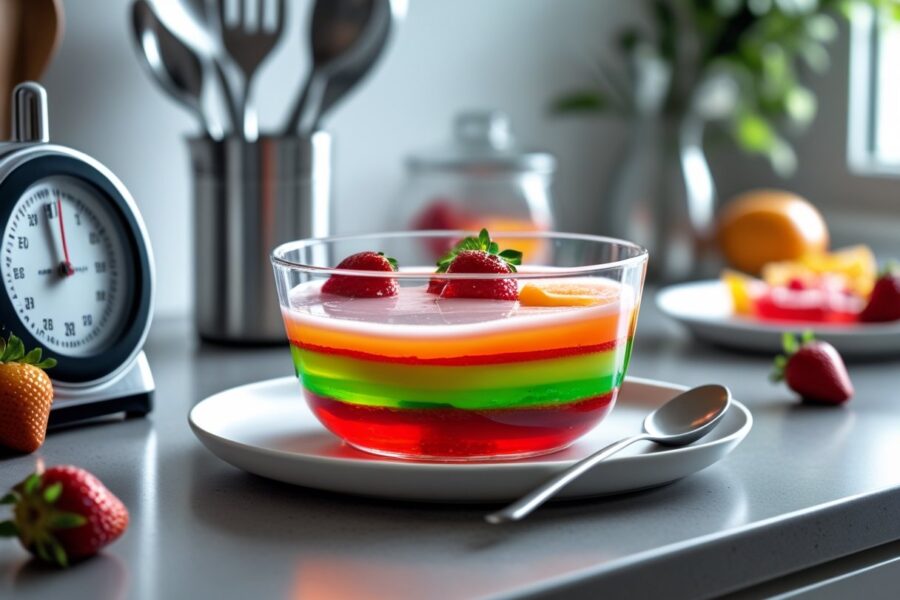 Bowl de gelatina colorida pronta sobre bancada de cozinha com timer e frutas ao fundo.