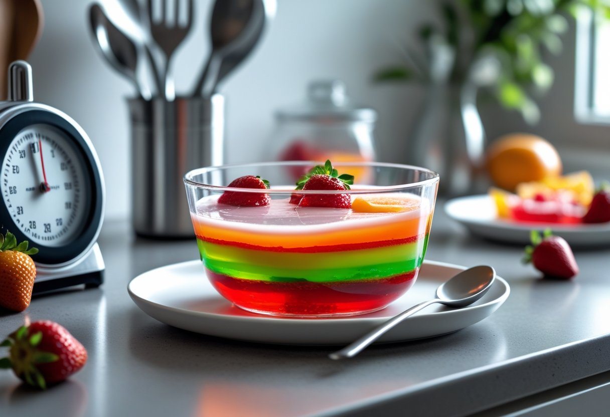 Bowl de gelatina colorida pronta sobre bancada de cozinha com timer e frutas ao fundo.