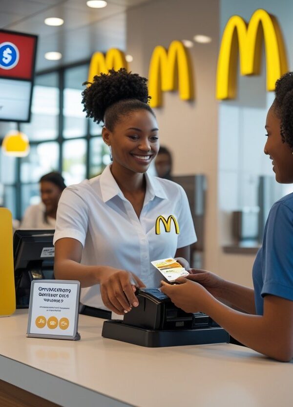 Cliente sendo atendido por um caixa no balcão de um restaurante McDonald's moderno e iluminado.