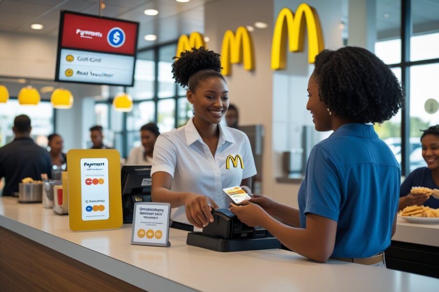 Cliente sendo atendido por um caixa no balcão de um restaurante McDonald's moderno e iluminado.