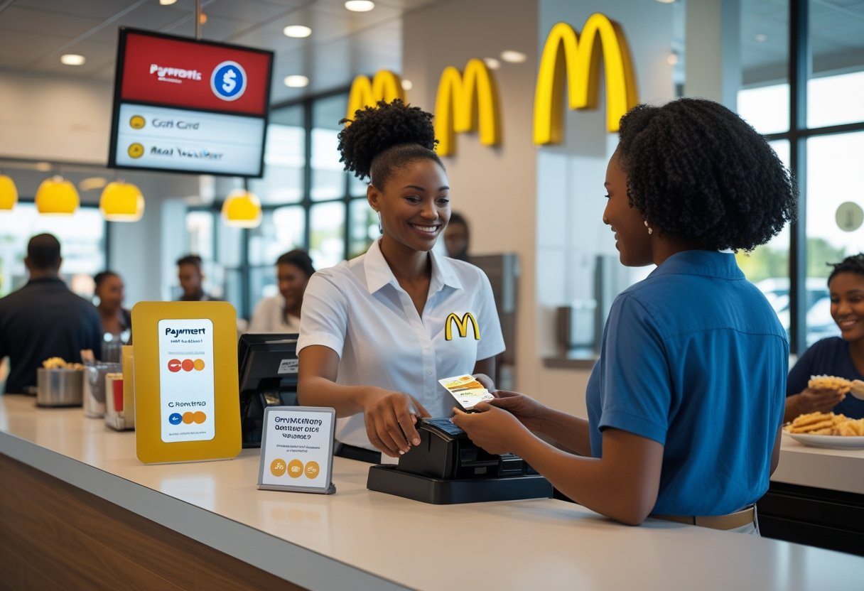 Cliente sendo atendido por um caixa no balcão de um restaurante McDonald's moderno e iluminado.