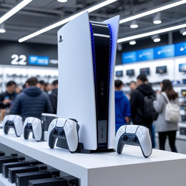 Loja de eletrônicos com um console PlayStation 5 em destaque na prateleira e clientes ao fundo.