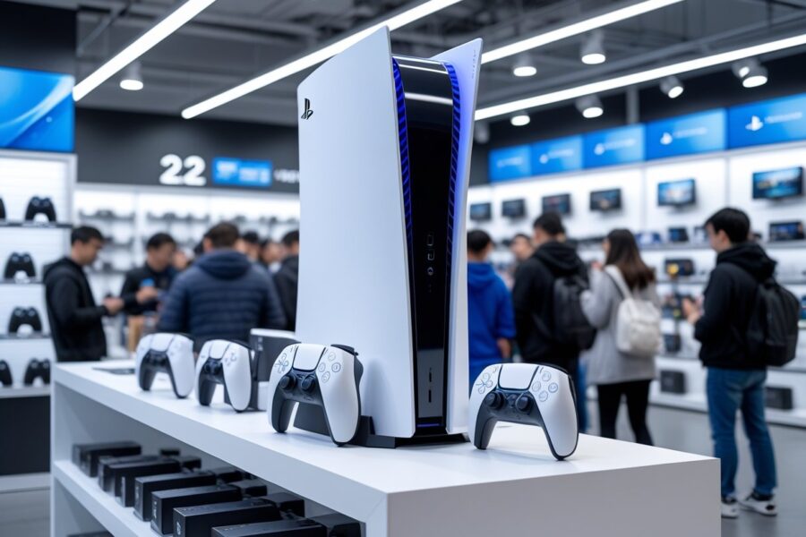 Loja de eletrônicos com um console PlayStation 5 em destaque na prateleira e clientes ao fundo.