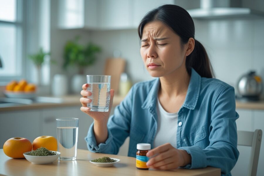 Mulher jovem sentada à mesa da cozinha com expressão de desconforto, segurando um copo de água e um frasco de remédio, com frutas e ervas amargas sobre a mesa.