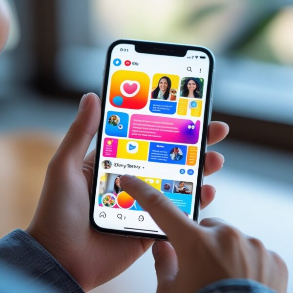 Pessoa segurando um smartphone que mostra uma prévia visual de stories de redes sociais na tela.