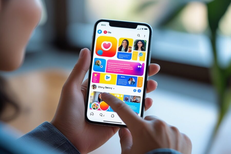 Pessoa segurando um smartphone que mostra uma prévia visual de stories de redes sociais na tela.
